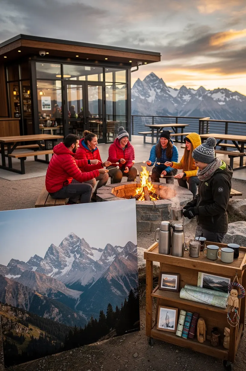 Турист с камерой возле стилизованного фотоуголка в кафе на популярном туристическом маршруте США.